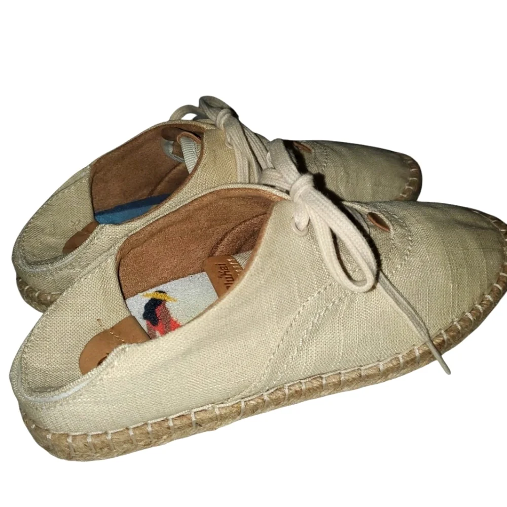 OLUKAI Kaula Pa'a Li Cream Linen LaceUp Boho Minimalist‎ Espadrille Flats Size 7